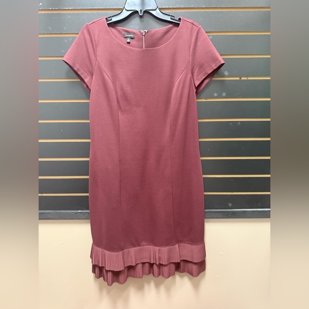Talbots Burgundy Short Sleeve Sheath Dress with Pleated Hem – Size 10